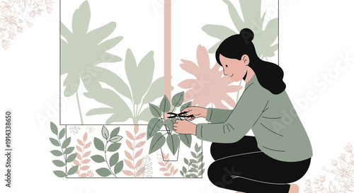 Woman Trimming Houseplants Near Window with Botanical Illustrations