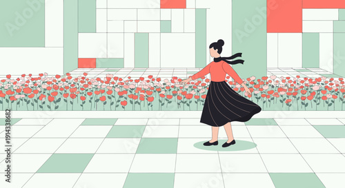 Woman Walking in Abstract Garden with Geometric Background