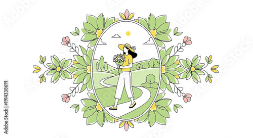 Woman Walking in Garden with Flowers, Floral Frame, Spring Season Illustration