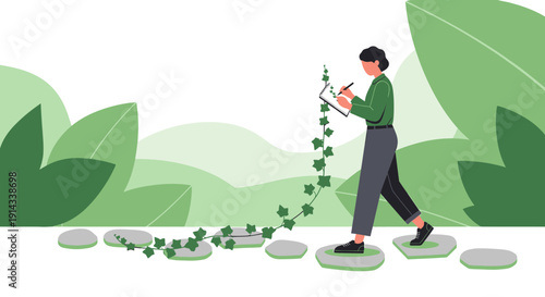Woman walking on stepping stones with climbing vine, drawing in notebook, green nature background