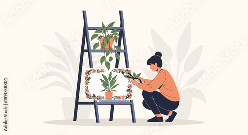 Woman Tending to Potted Plants on Ladder, Floral Frame Illustration