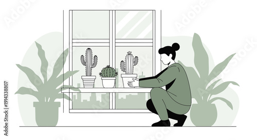 Woman Tending to Potted Plants on Windowsill, Indoor Gardening Scene