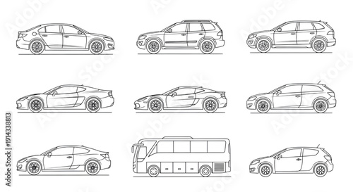 Top and Side View Vehicle CAD Icons | Car, Bus, and Minibus Outline Vector Set for Urban Planning and Architecture