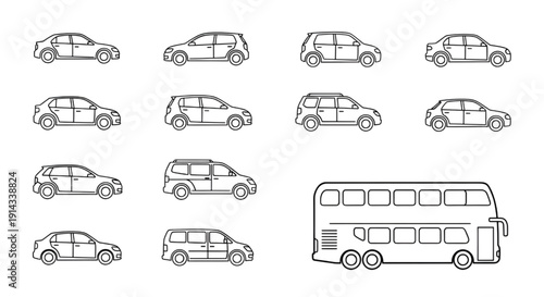Engineering Vehicle CAD Vector Set | Car, Bus, Minibus Technical Silhouettes for Top and Side Layout Designs