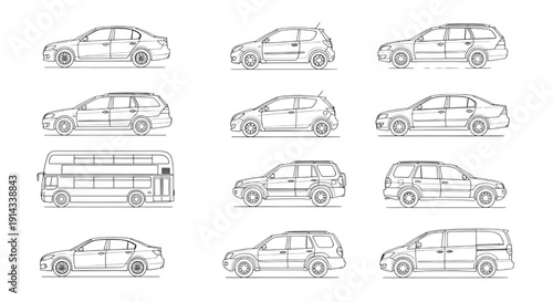 Vehicle Silhouette CAD Collection | Car, Bus, and Minibus Outline Drawings Top View and Side View Vectors