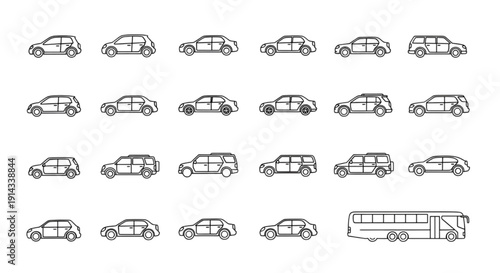 Transportation CAD Vector Templates | Car, City Bus, and Minibus Silhouettes with Top and Side View Layouts