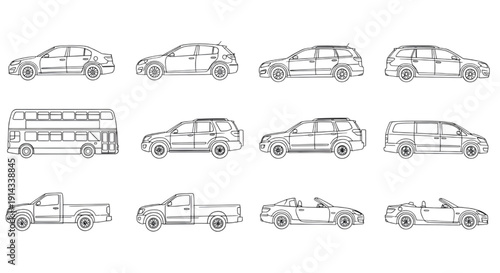 Professional Vehicle CAD Symbols | Car, Bus, and Minibus Top and Side View Outline Vectors for Design Projects