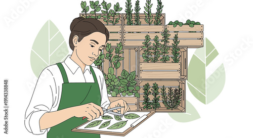 Woman Tending Vertical Garden, Urban Farming, Sustainable Living, Healthy Lifestyle