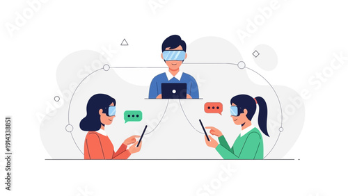 Virtual Reality Collaboration: People connecting in metaverse, VR headsets, digital communication