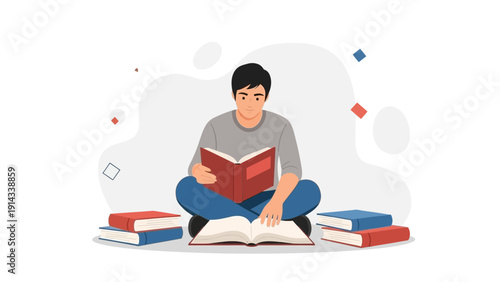 Young man reading a book, surrounded by books, studying, learning, knowledge