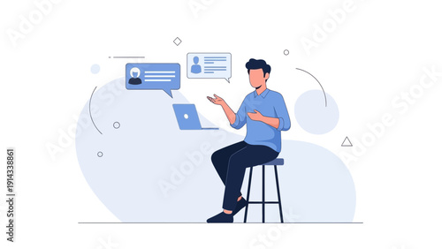 Man communicating online via laptop with chat bubbles and profile icons