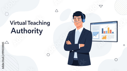 Online Teacher with Headset and Analytics Screen, Virtual Education Concept