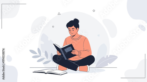 Young man reading book, studying, learning, relaxing, flat illustration, vector art