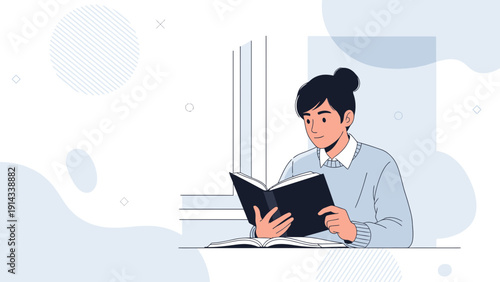 Young Person Reading Book by Window, Studying, Learning, Casual Lifestyle