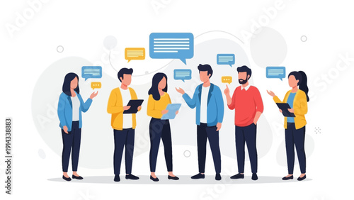 Diverse team discussing ideas with chat bubbles, communication concept