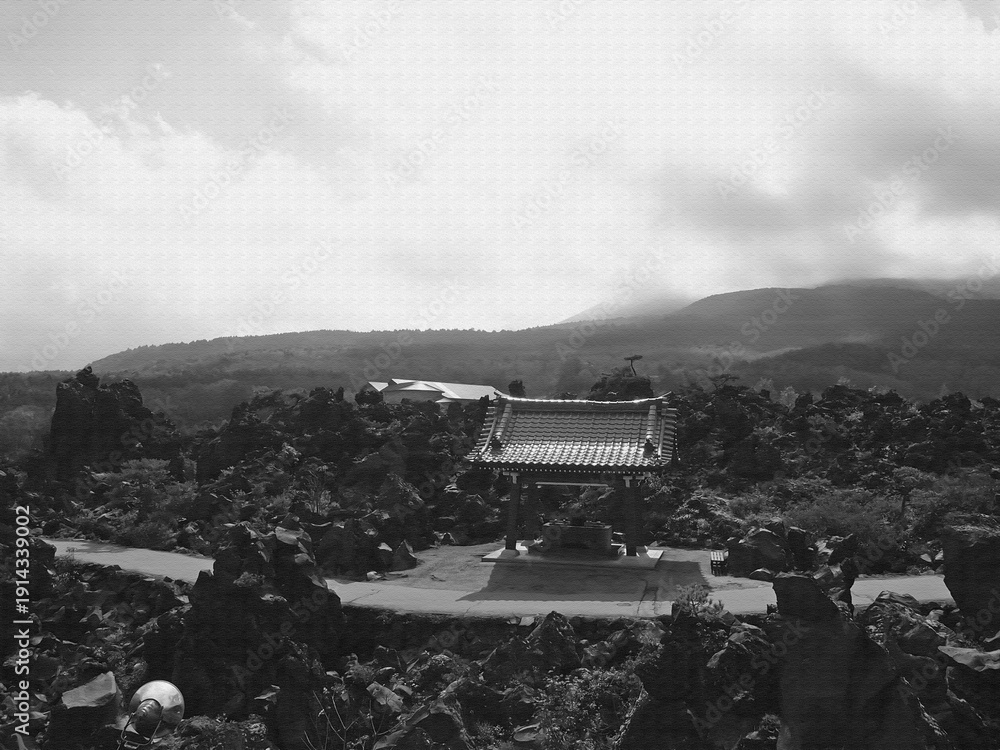 Fototapeta premium 鬼押出し園の奇岩群がつくる独特の自然風景。イラスト風の写真。