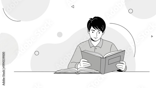 Young man reading an open book, minimalist illustration, education and knowledge concept