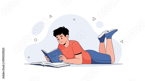 Young boy lying down reading a book, studying and learning, flat design illustration