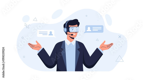 Man in VR headset with headset and chat bubbles, futuristic communication concept