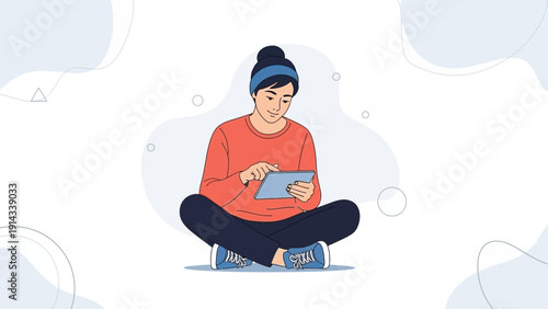 Young person using tablet computer while sitting cross-legged, flat illustration style