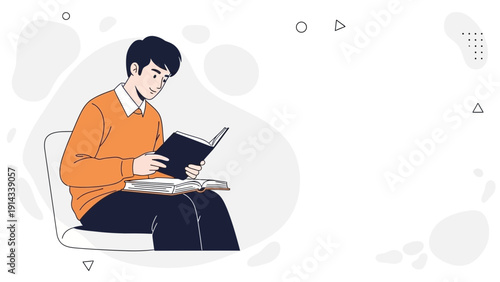 Young Man Sitting and Reading a Book, Knowledge and Education Concept