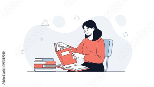 Woman reading a book, stack of books, education, knowledge, learning, lifestyle illustration