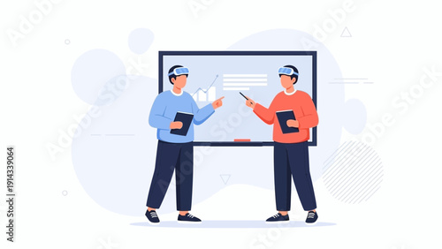 Virtual Reality Education: Two men in VR headsets learning at a whiteboard