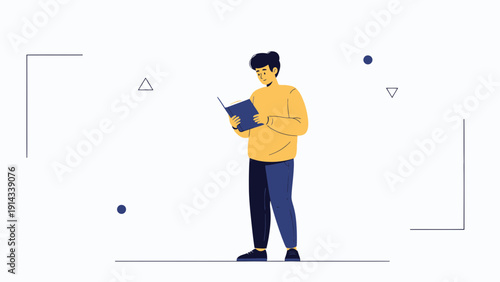 Young Man Reading Book Standing White Background Minimalist Illustration