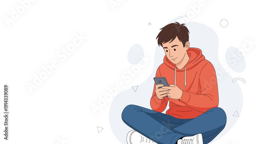 Young Man Sitting Cross-legged Using Smartphone, Casual Wear, Digital Communication