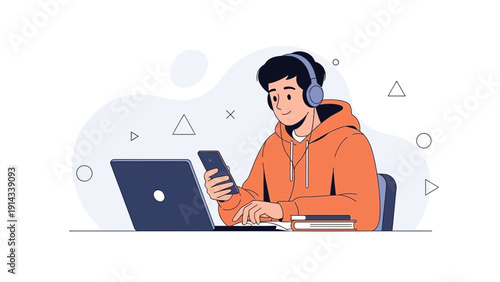 Young man with headphones using laptop and smartphone for online learning or work