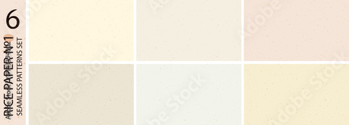 Rice paper texture seamless patterns set. Light yellow, brown, pink, green, ecru recycle paper backgrounds with speckles, flecks and particles. Vector illustration, isolated on transparent background
