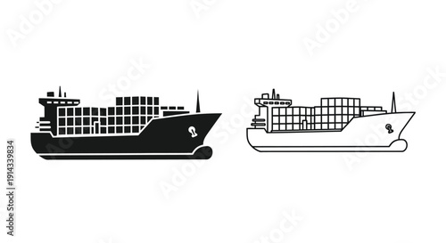 Two container ships one black and one white in profile silhouette