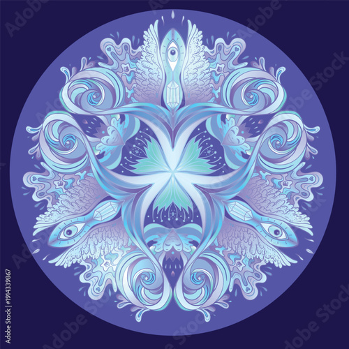 Sacred geometry symbol with all seeing eye in acid colors. Mystic, alchemy, occult concept. Design for indie music cover, t-shirt print, psychedelic poster, flyer. Astrology, esoteric, religion.