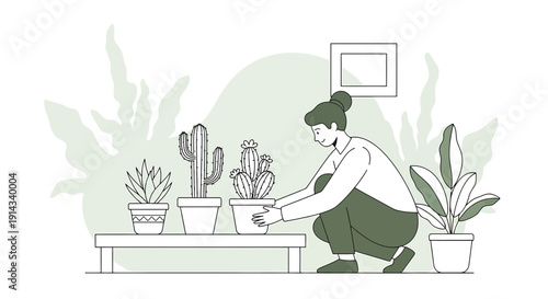 Woman Tending to Potted Cacti and Plants, Indoor Gardening, Minimalist Illustration