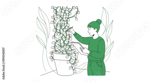 Woman Tending to Potted Plant with Tablet, Line Art Illustration