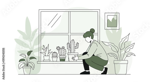 Woman Tending Potted Plants by Window, Cactus and Greenery Illustration