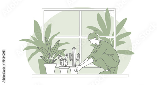 Woman Tending Potted Plants by Window, Indoor Gardening Illustration