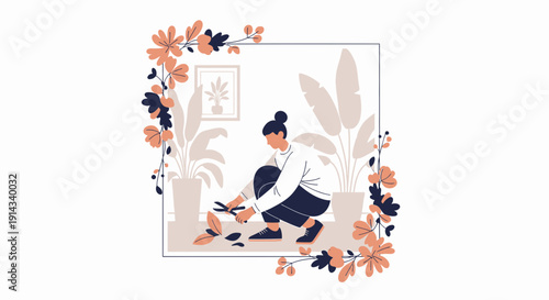 Woman Tending Potted Plants Indoors, Floral Decoration