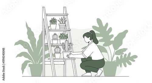 Woman tending potted plants on a shelf, surrounded by lush greenery, minimalist illustration