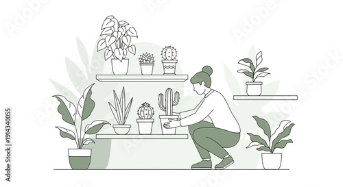 Woman Tending Potted Plants on Shelves | Home Gardening Illustration