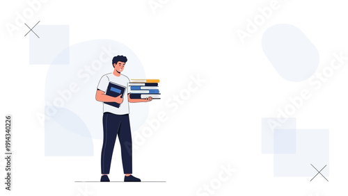 Young Man Carrying Stack of Books, Student Education Concept