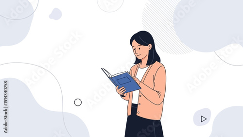 Young Woman Reading a Book with Abstract Shapes Background