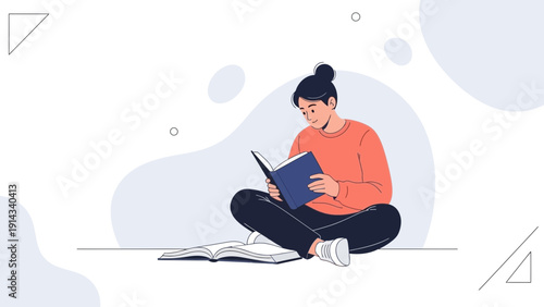 Young woman reading a book, sitting cross-legged, studying, learning, knowledge concept