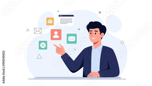 Man interacting with digital interface, communication icons, business concept illustration