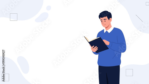 Young Man Reading a Book, Knowledge, Education, Learning, Lifestyle, White Background