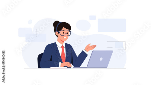Businesswoman in glasses and suit working on laptop, explaining concept