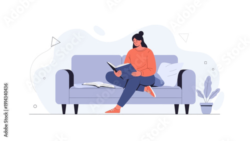 Woman Reading Book on Sofa, Cozy Home Lifestyle Illustration