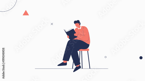 Man Reading Book on Stool, Minimalist Illustration