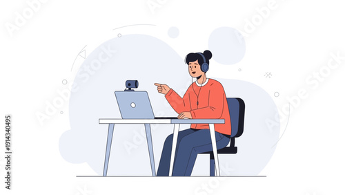Person with headphones and webcam on laptop, online communication, remote work concept