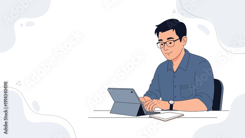Man Working on Laptop Computer at Desk in Minimalist Office Space